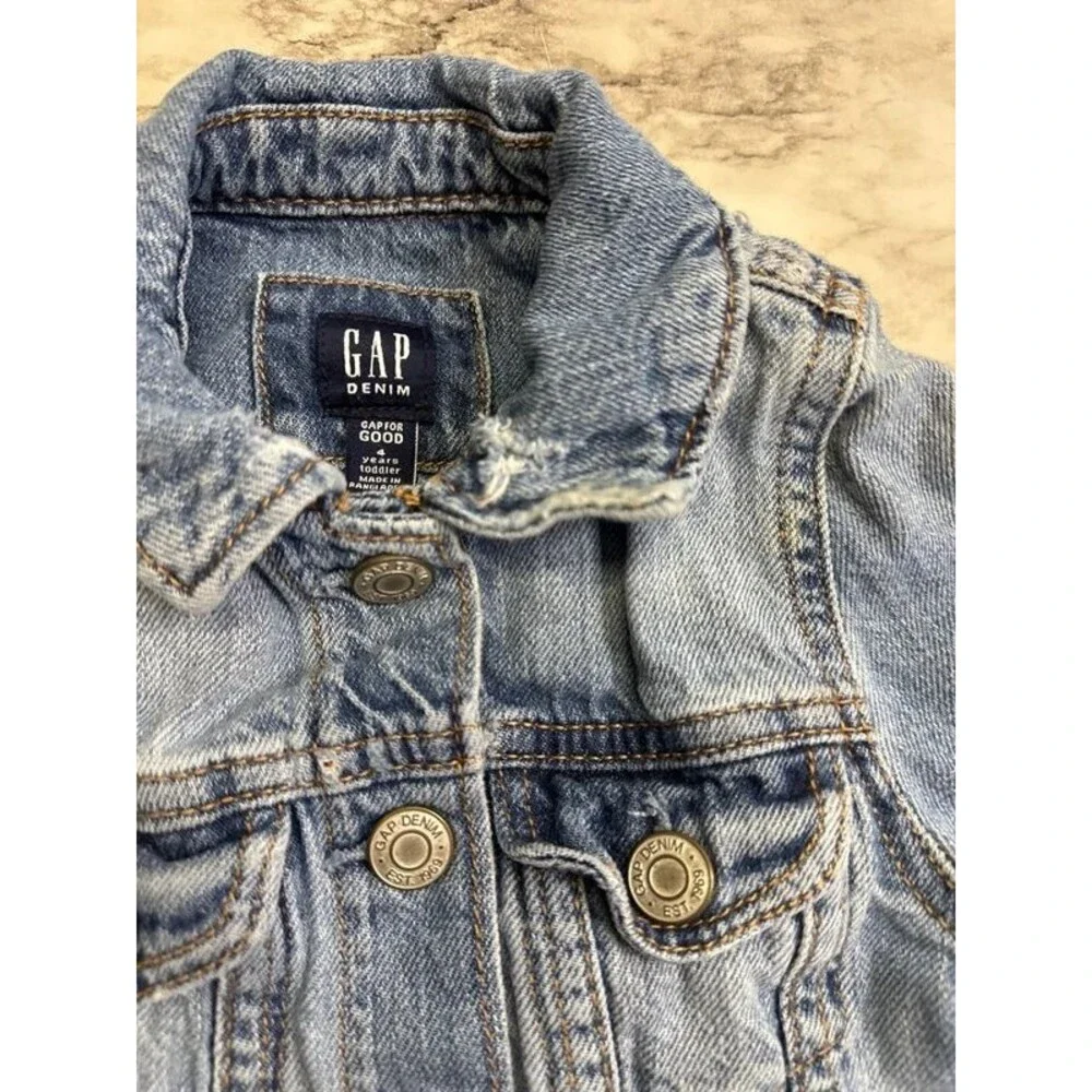 Gap Toddlers Unisex Distressed Snap Front Jean Jacket Blue Size 3T